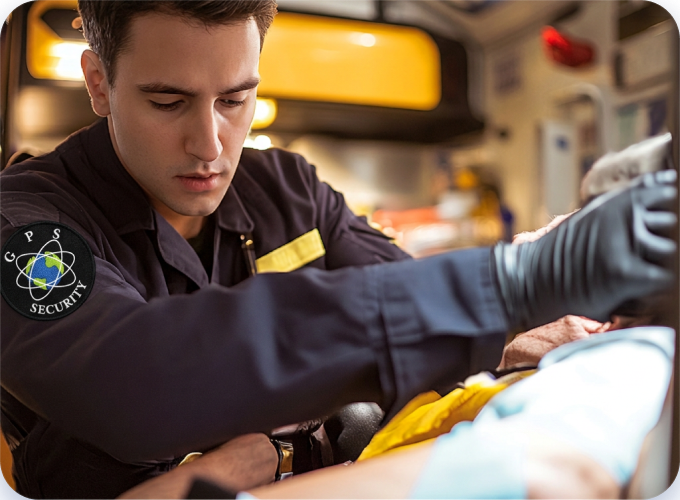 GPS Security guard providing first aid and CPR certified coverage on an industrial site