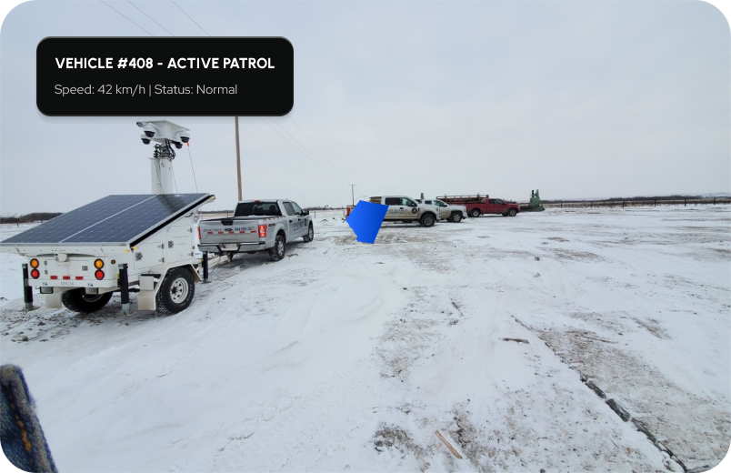 GPS-tracked patrol vehicle and mobile surveillance trailer on site