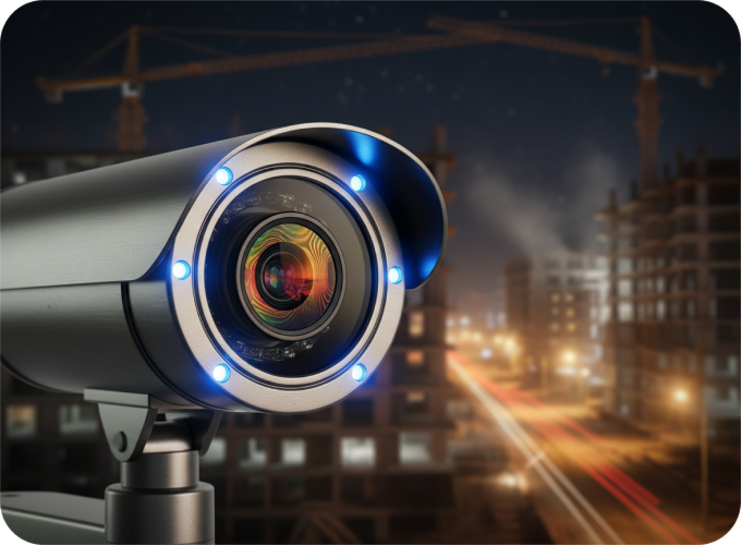 Security camera overlooking a construction site at night