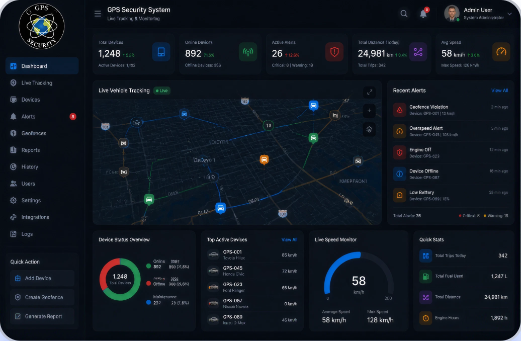 GPS Security System live tracking dashboard